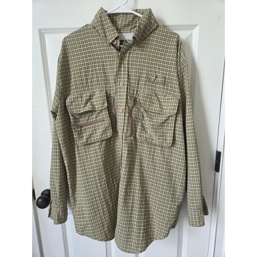 Cabelas Guidewear Mens Large Green Plaid Long Sleeve Fishing Shirt Utility‎ Vent